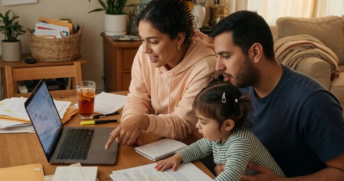 Familia joven revisando juntos sus cuentas del mes con el portátil y varios documentos sobre la mesa