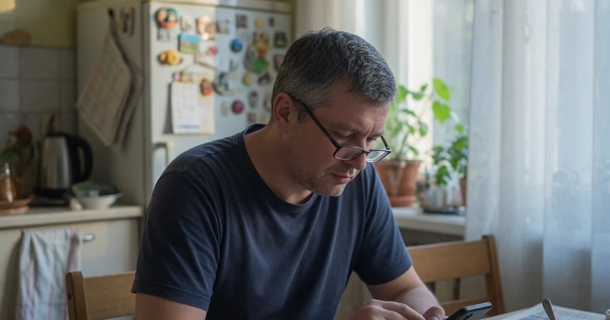 Hombre comprobando en el móvil si le ha entrado el IMV a primeros de julio, sentado a la mesa de la cocina