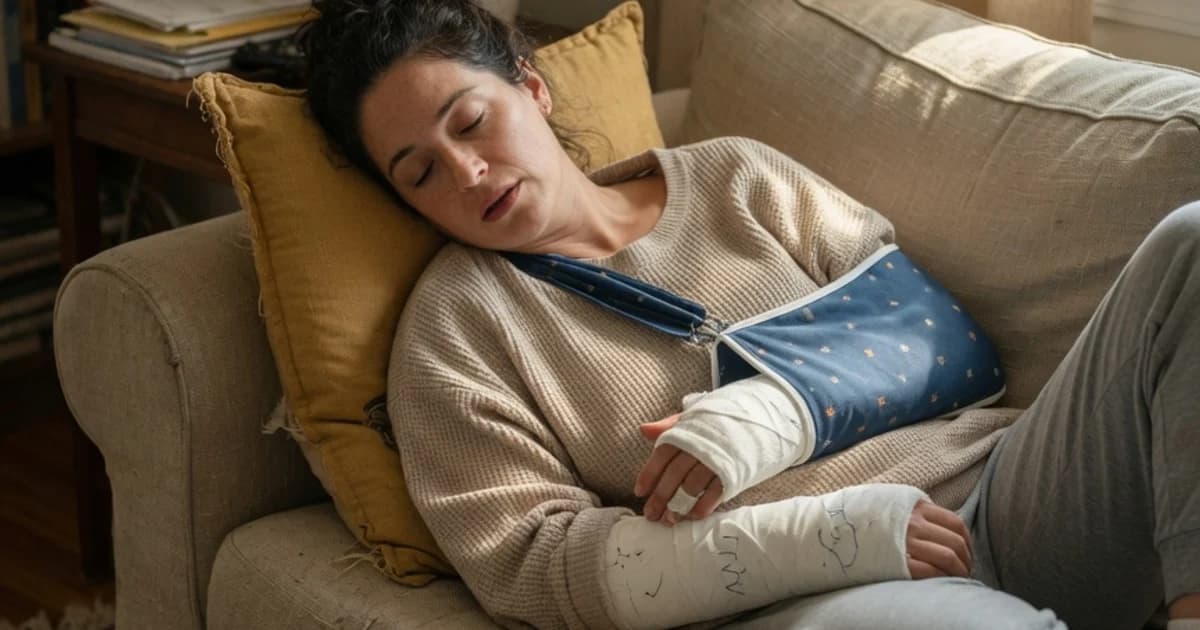 Persona en casa descansando con el brazo escayolado
