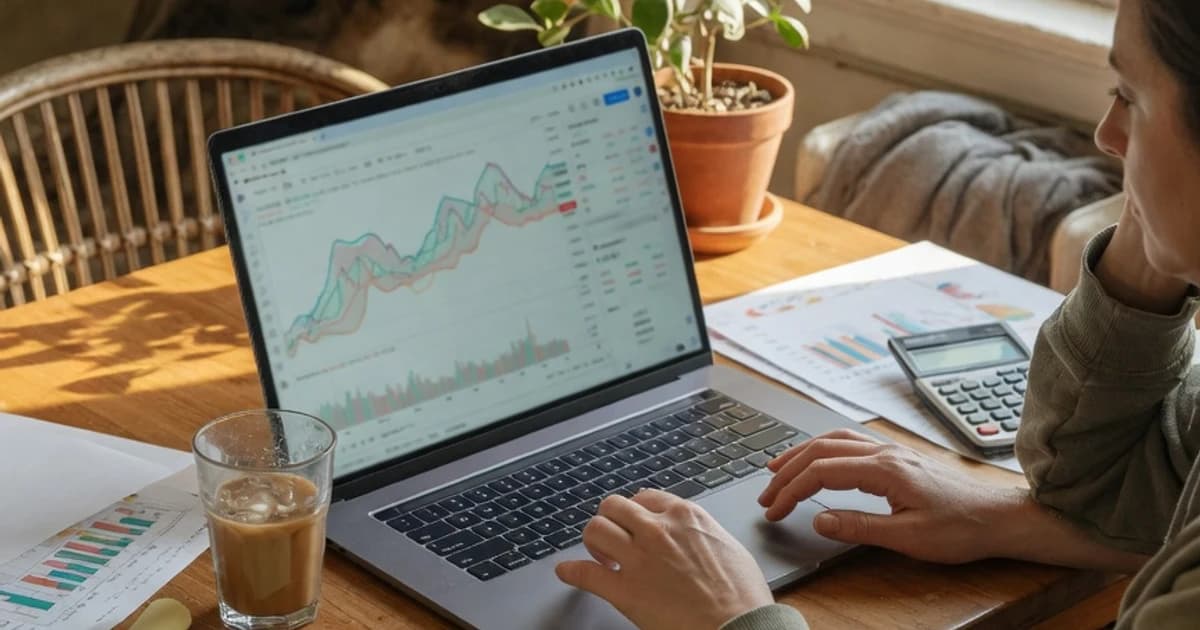 Persona revisando gráficos de inversión en el portátil en casa
