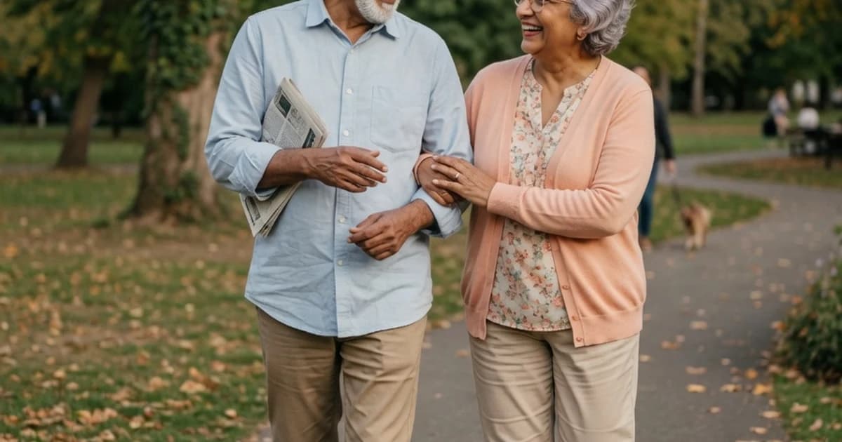 Pareja jubilada paseando feliz por un parque