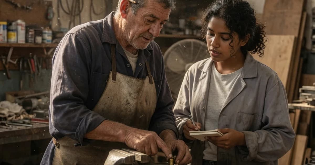 Trabajador mayor enseñando a un compañero más joven en un taller