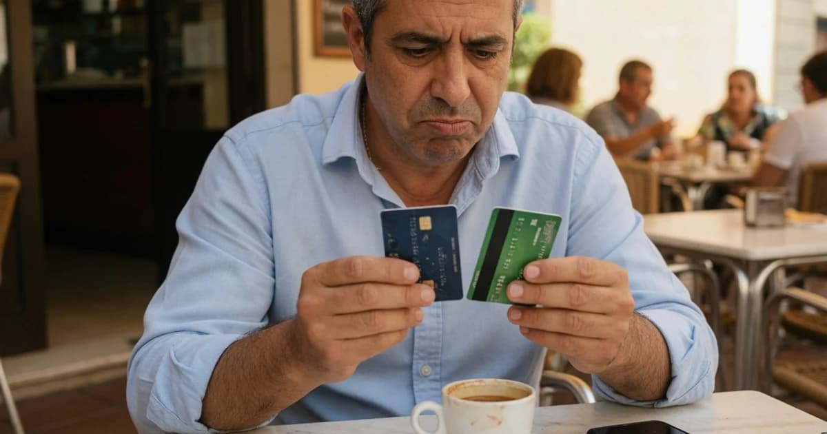 Hombre comparando dos tarjetas de banco en una cafetería mientras decide dónde cobrar el paro
