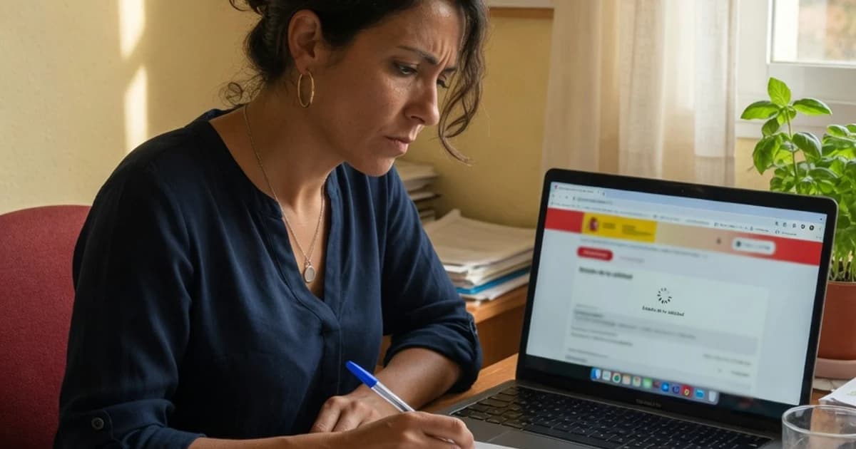 Mujer revisando en el ordenador la consulta de prestaciones de la sede del SEPE con la libreta al lado