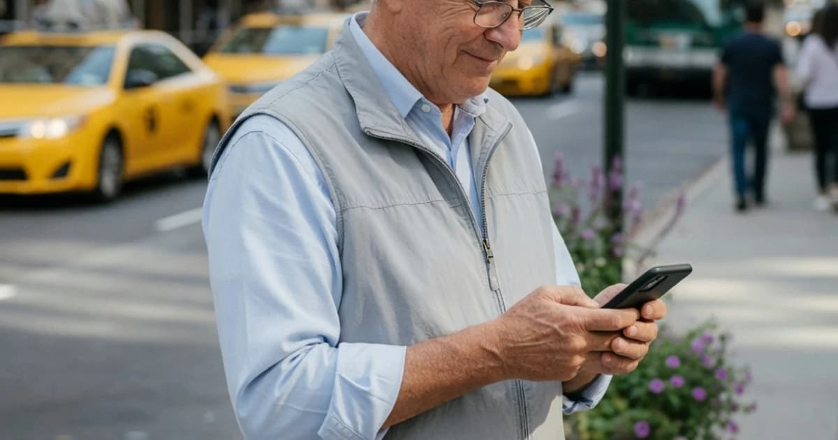 Pensionista consultando el saldo de su cuenta en el móvil en la calle para ver si le han adelantado la pensión