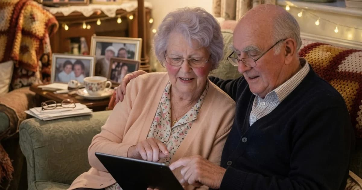 Pareja de jubilados consultando juntos en una tablet el adelanto de la pensión de julio en el salón de casa