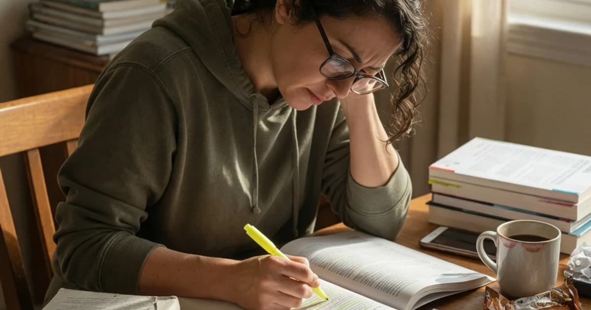 Persona adulta estudiando con libros antes de un examen