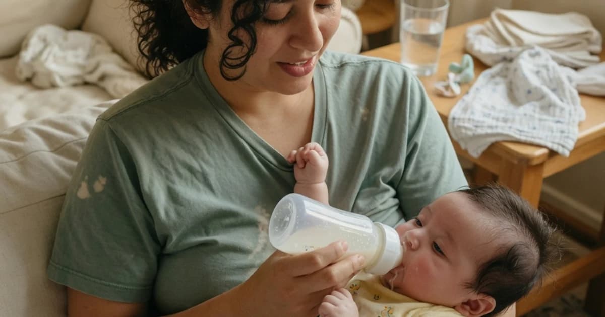 Madre dando el biberón a su bebé en casa