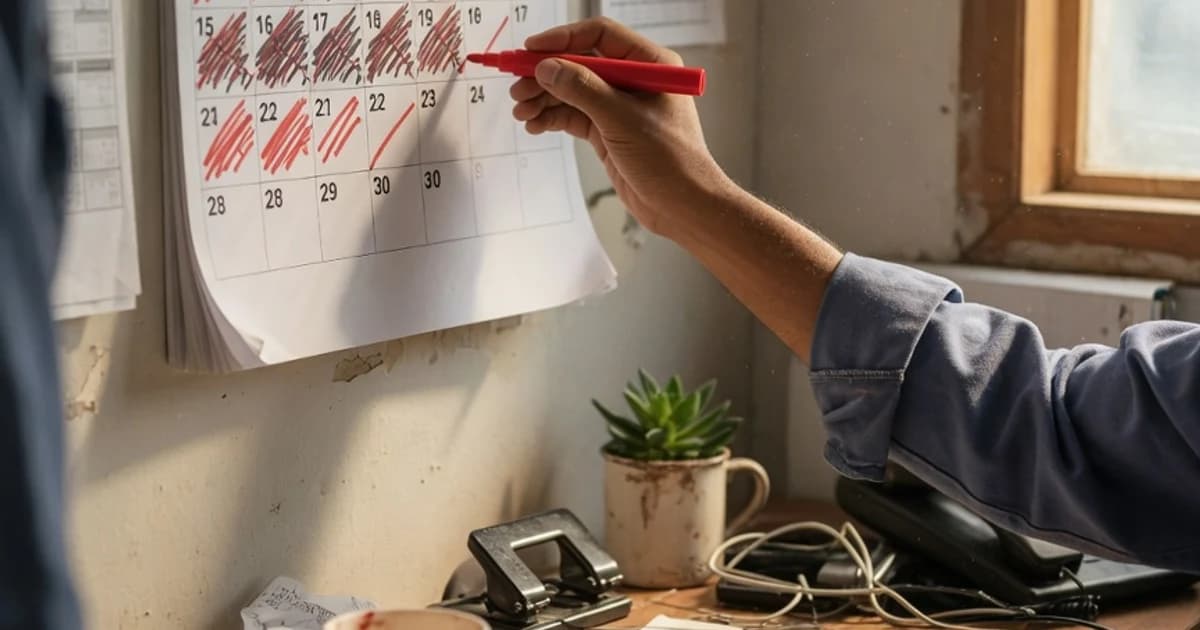Trabajador marcando días en un calendario en su mesa