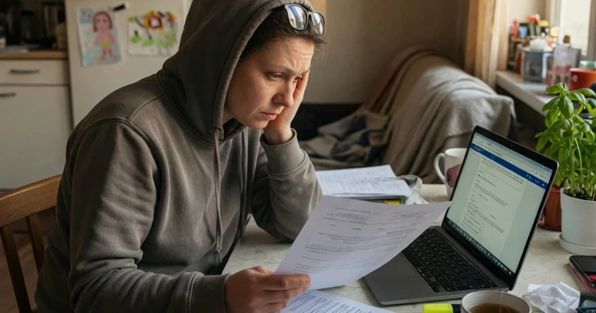 Persona revisando la documentación del paro en casa con el portátil