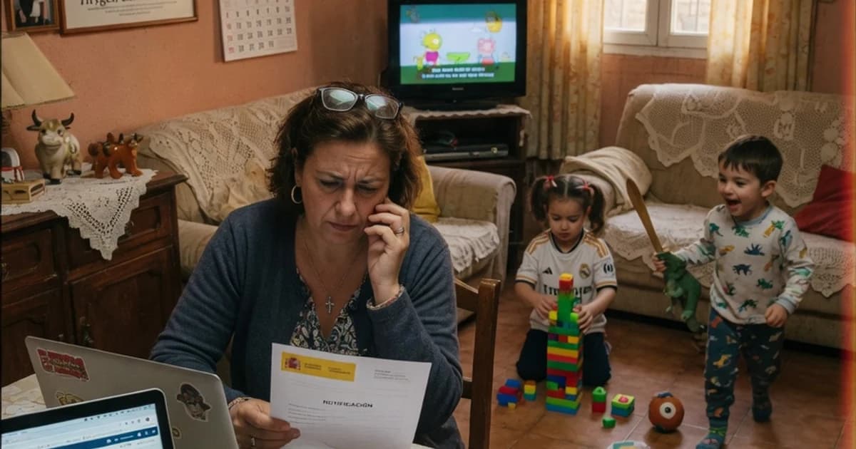 Madre leyendo una notificación oficial junto al portátil mientras sus hijos juegan en el salón
