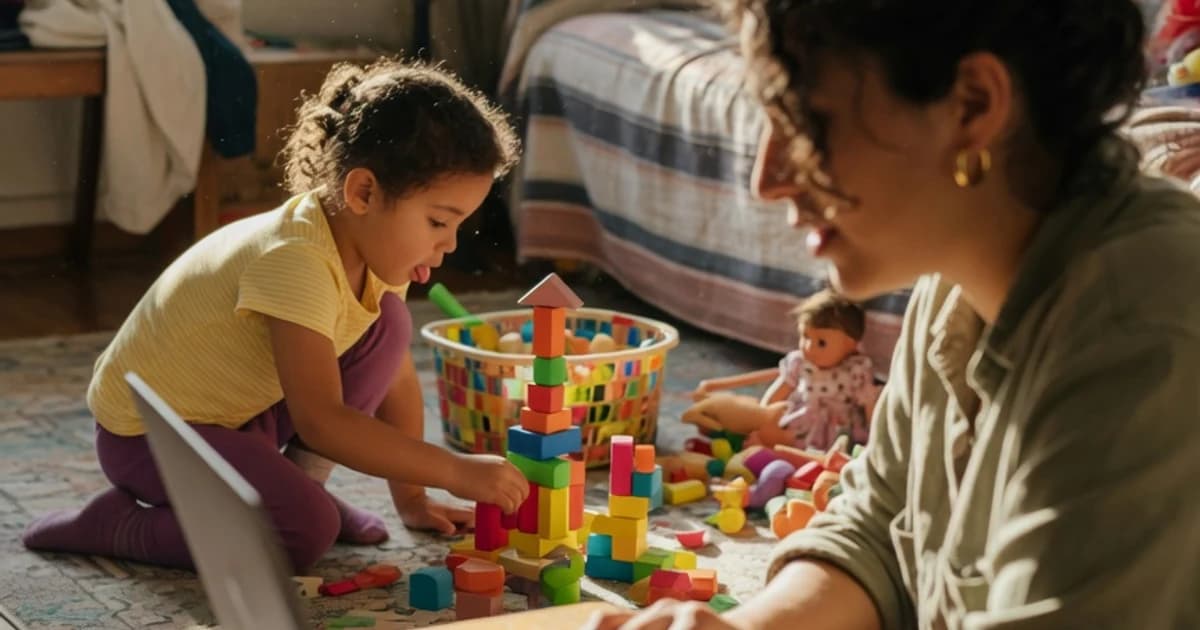 Madre trabajando con el portátil mientras su hijo juega cerca