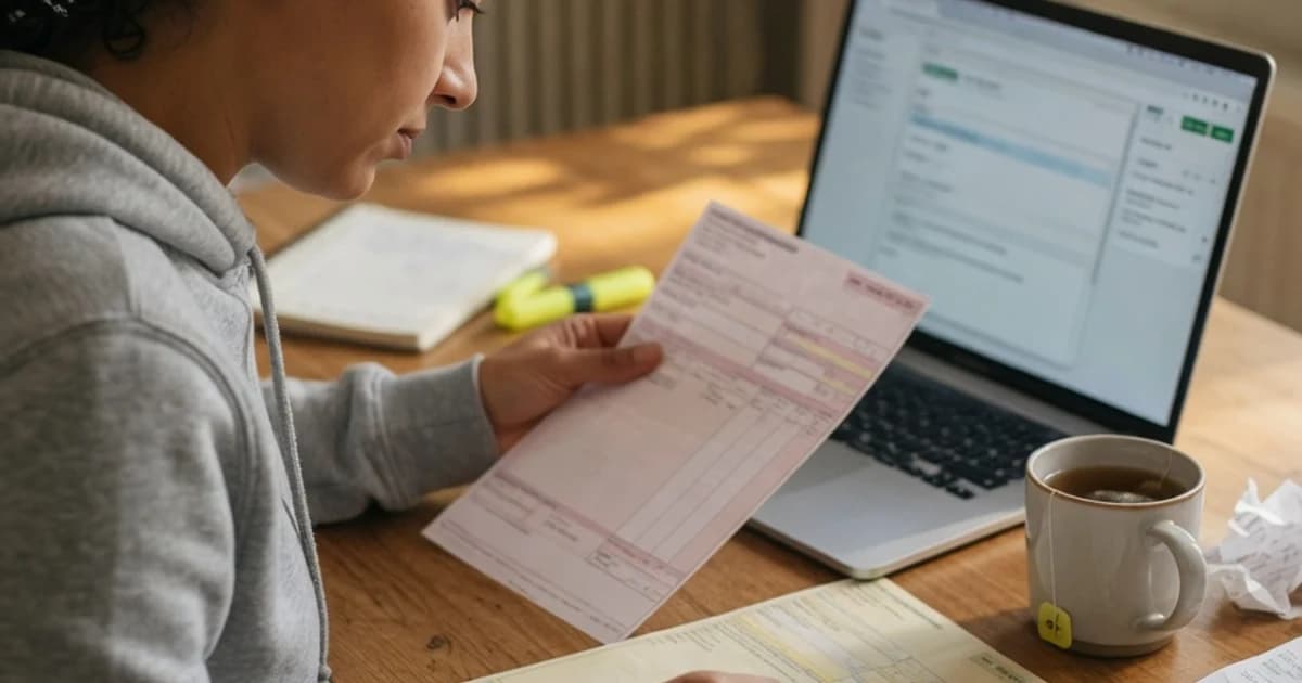 Persona revisando dos nóminas con el portátil para la declaración