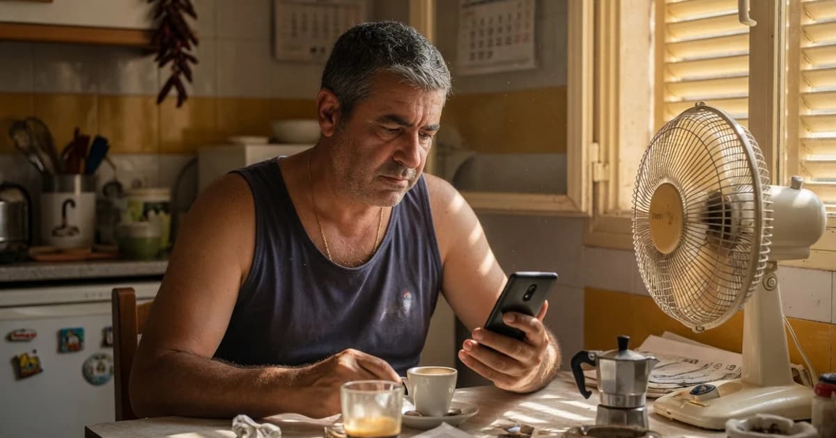 Hombre comprobando en el móvil si le ha entrado el subsidio de agosto, en la mesa de la cocina