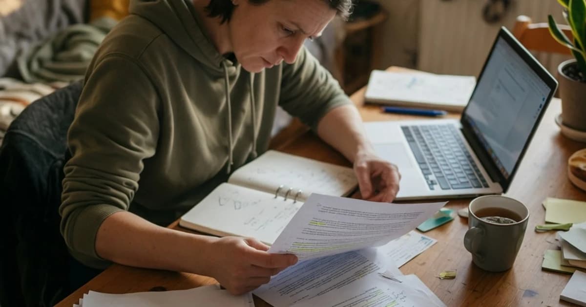 Persona revisando un documento extenso junto al portátil en casa