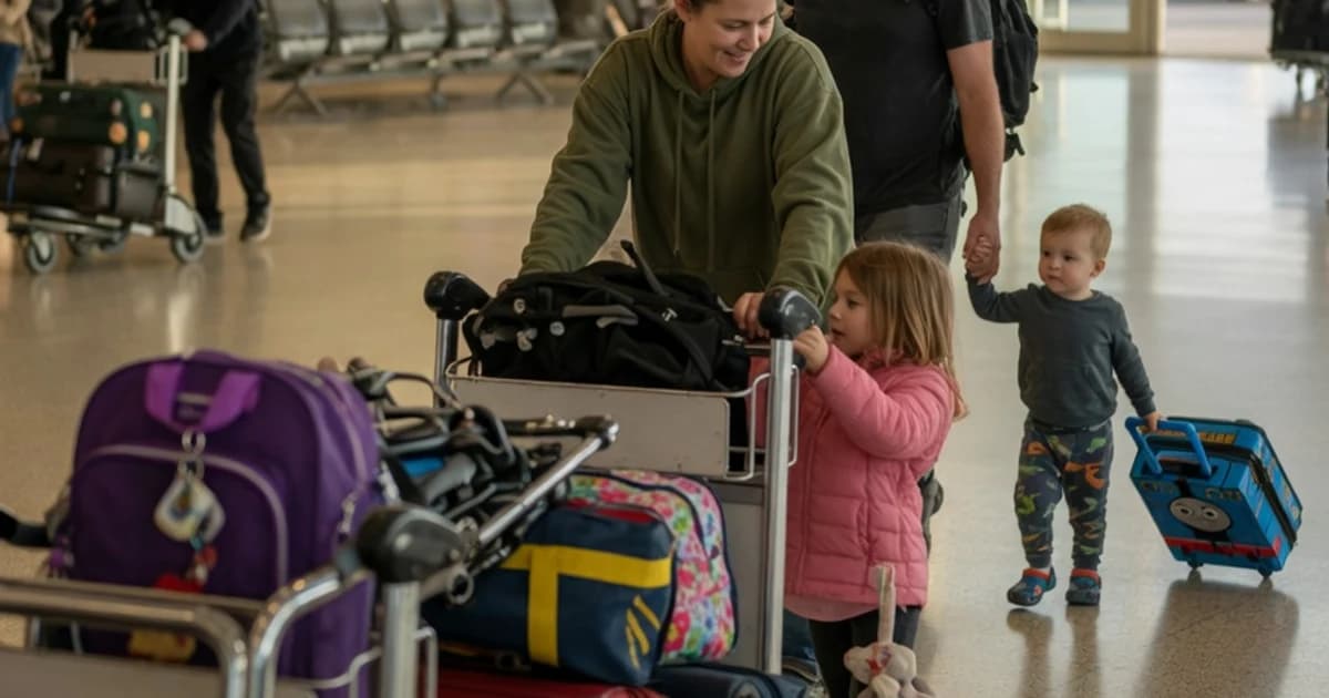 Familia llegando al aeropuerto con carros de equipaje