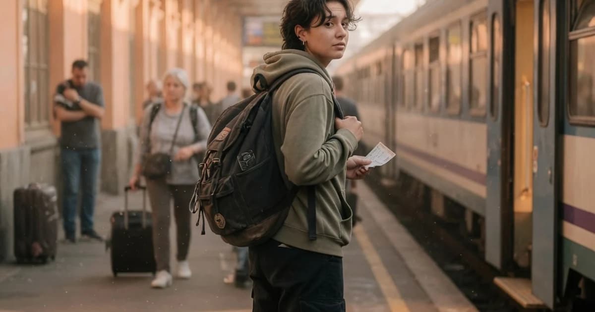 Joven con una mochila llegando a una estación de tren