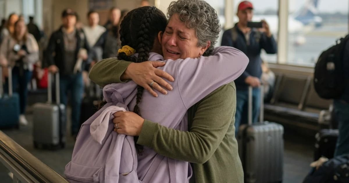 Persona abrazando a un familiar en la llegada del aeropuerto