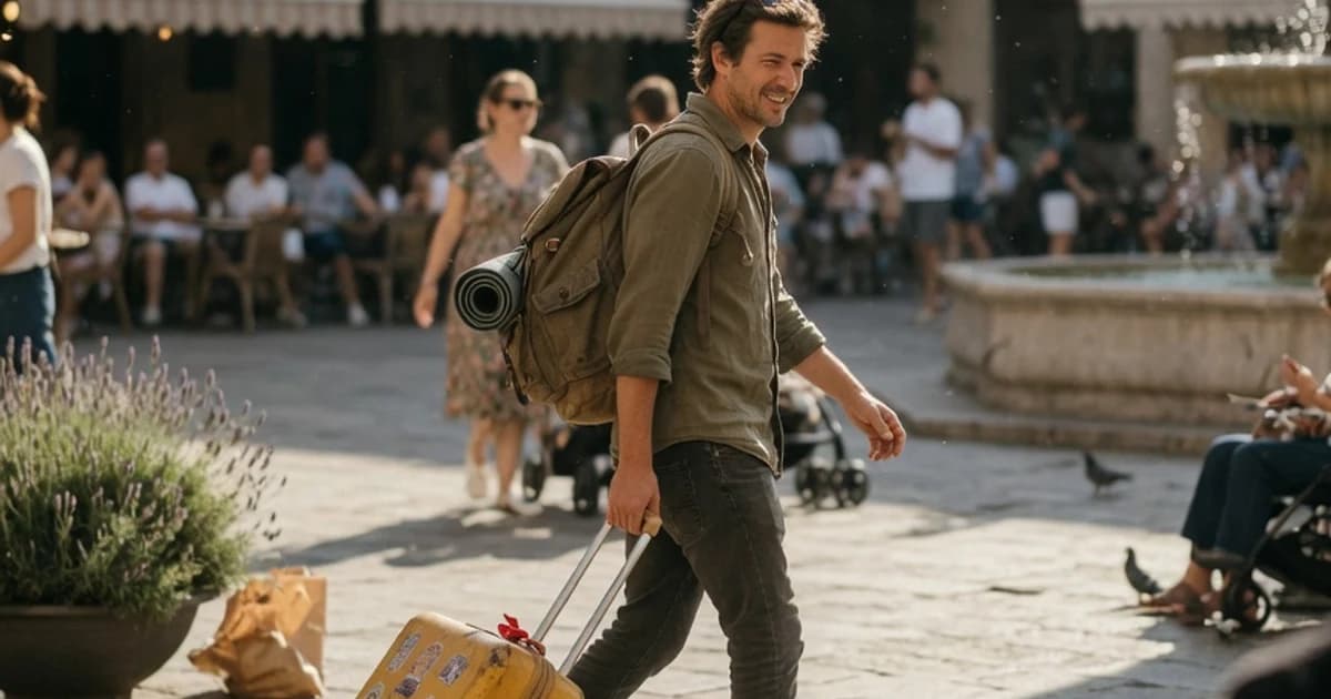 Viajero con una maleta caminando por una plaza soleada