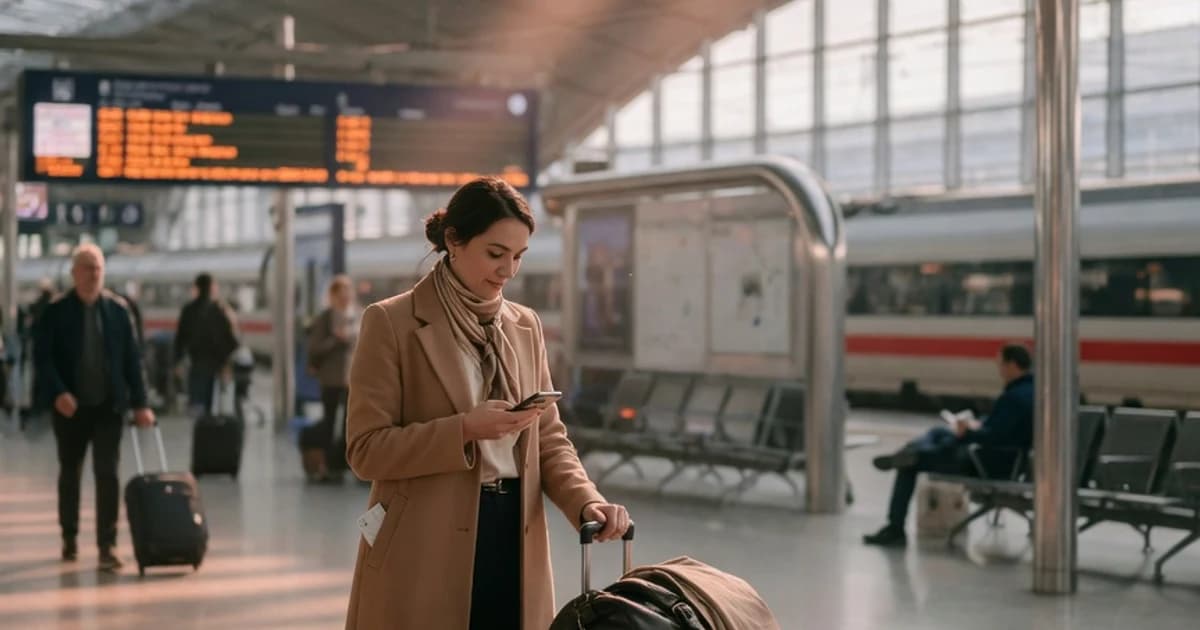 Profesional con equipaje en una estación de tren moderna