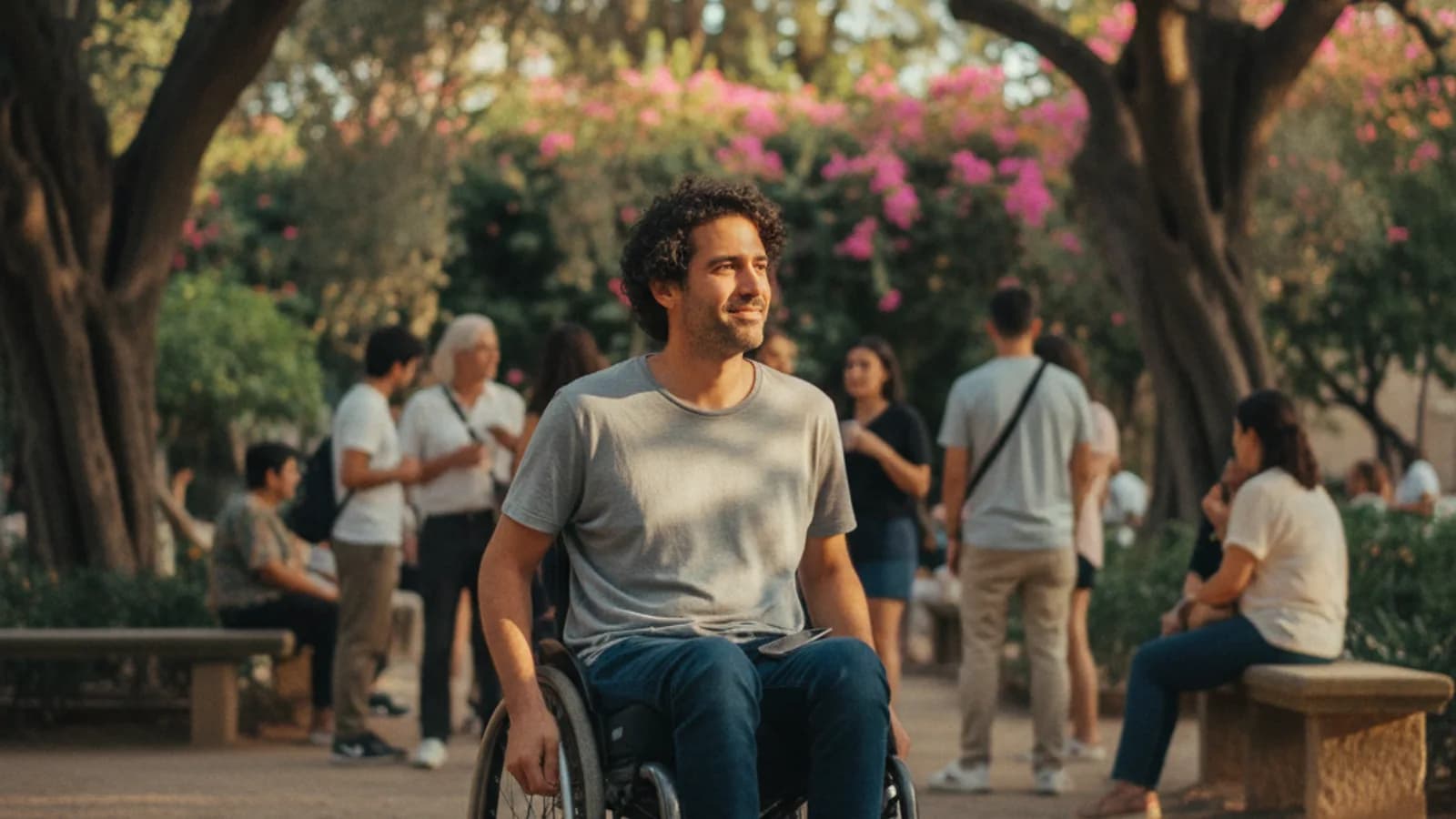 Foto editorial respetuosa de una persona en silla de ruedas en un parque soleado