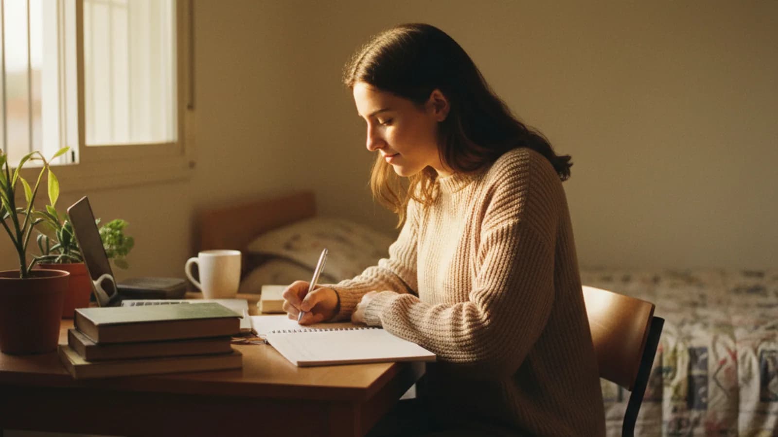 Foto editorial de una joven estudiando en un escritorio con luz dorada de tarde