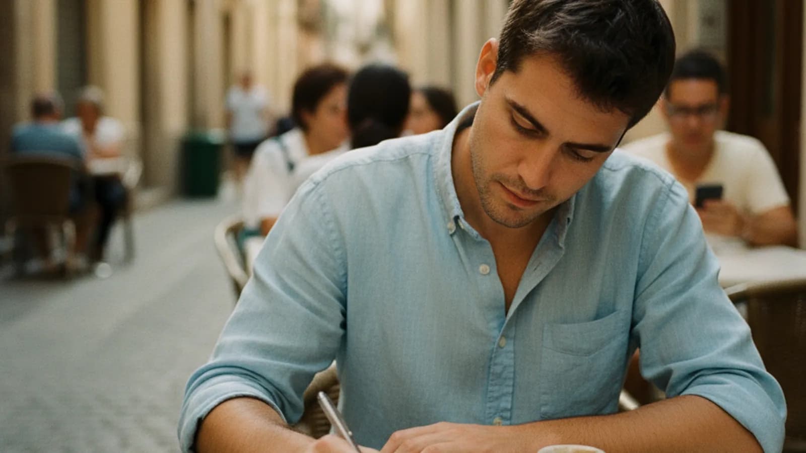 Adulto en cafetería al aire libre con libreta
