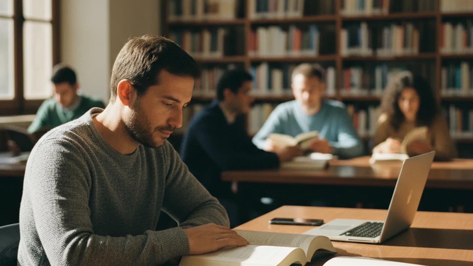 Adulto estudiando en biblioteca pública