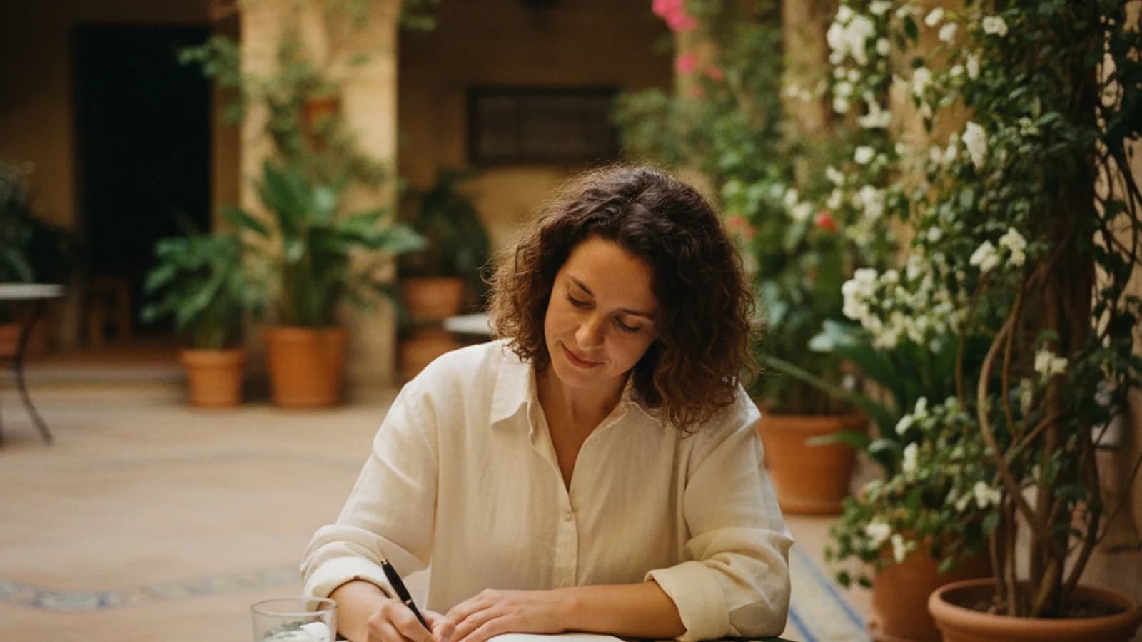 Adulto estudiando en un patio andaluz