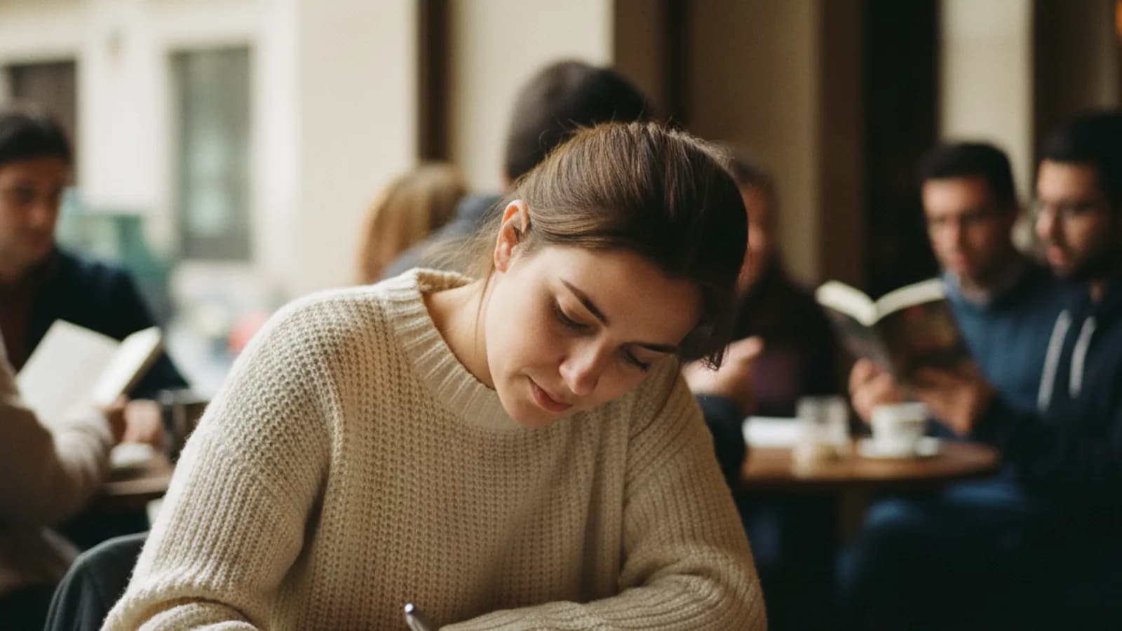 Estudiante adulto tomando notas en una cafetería