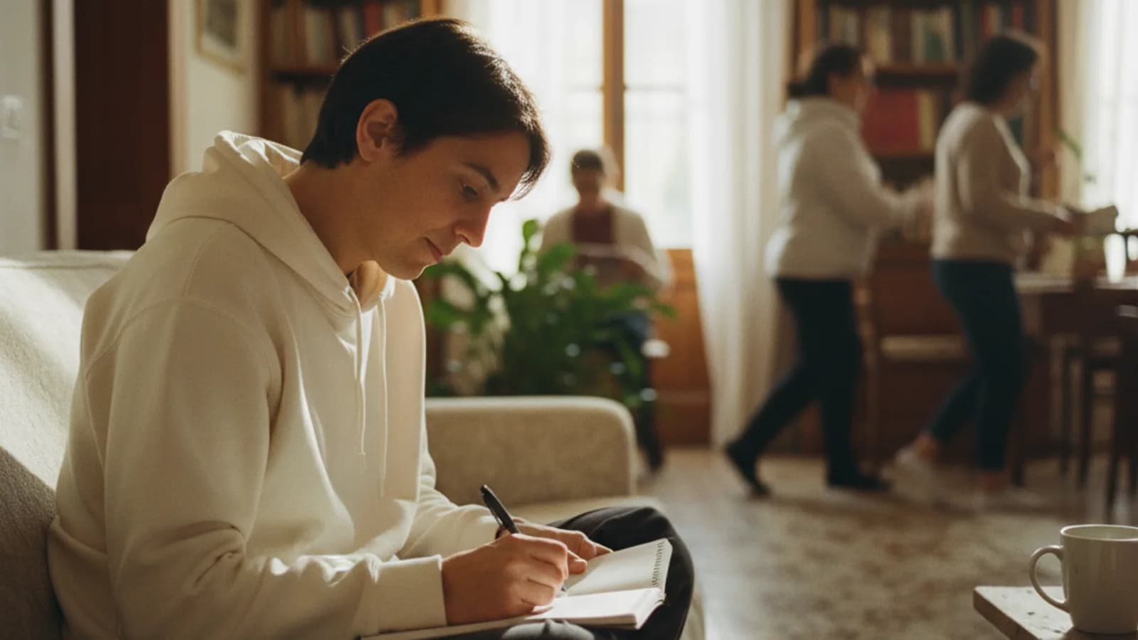 Adulto estudiando con libreta y bolígrafo en el sofá