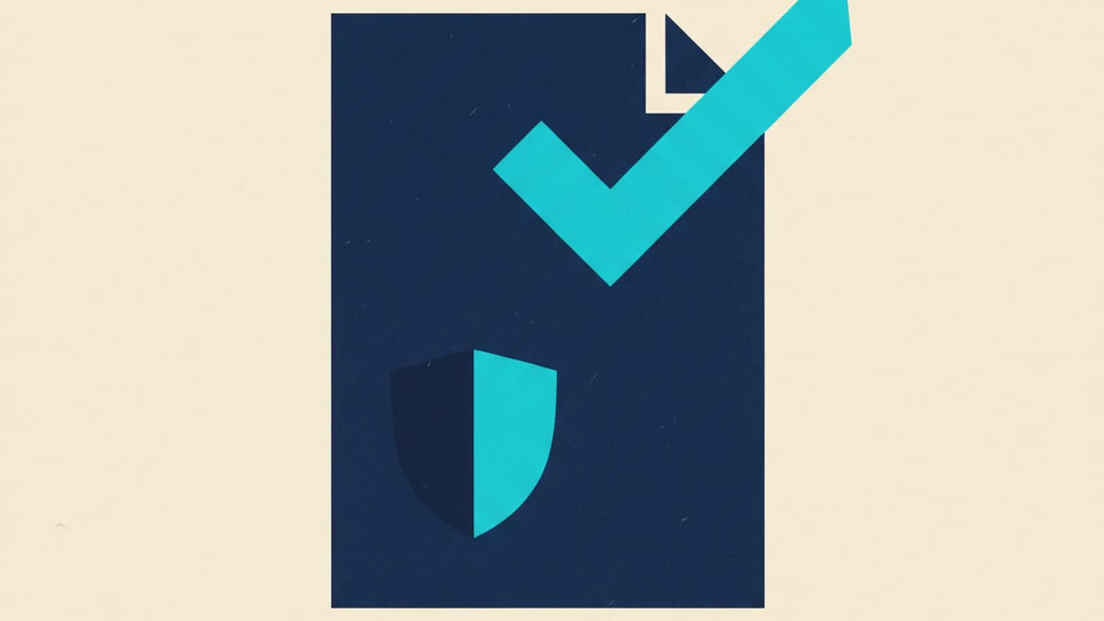 Composición editorial geométrica en navy y cyan representando un certificado de antecedentes penales