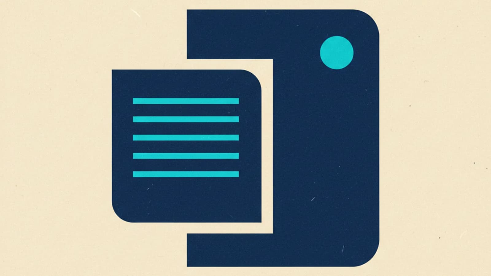 Composición editorial geométrica en navy y cyan representando la declaración de la renta