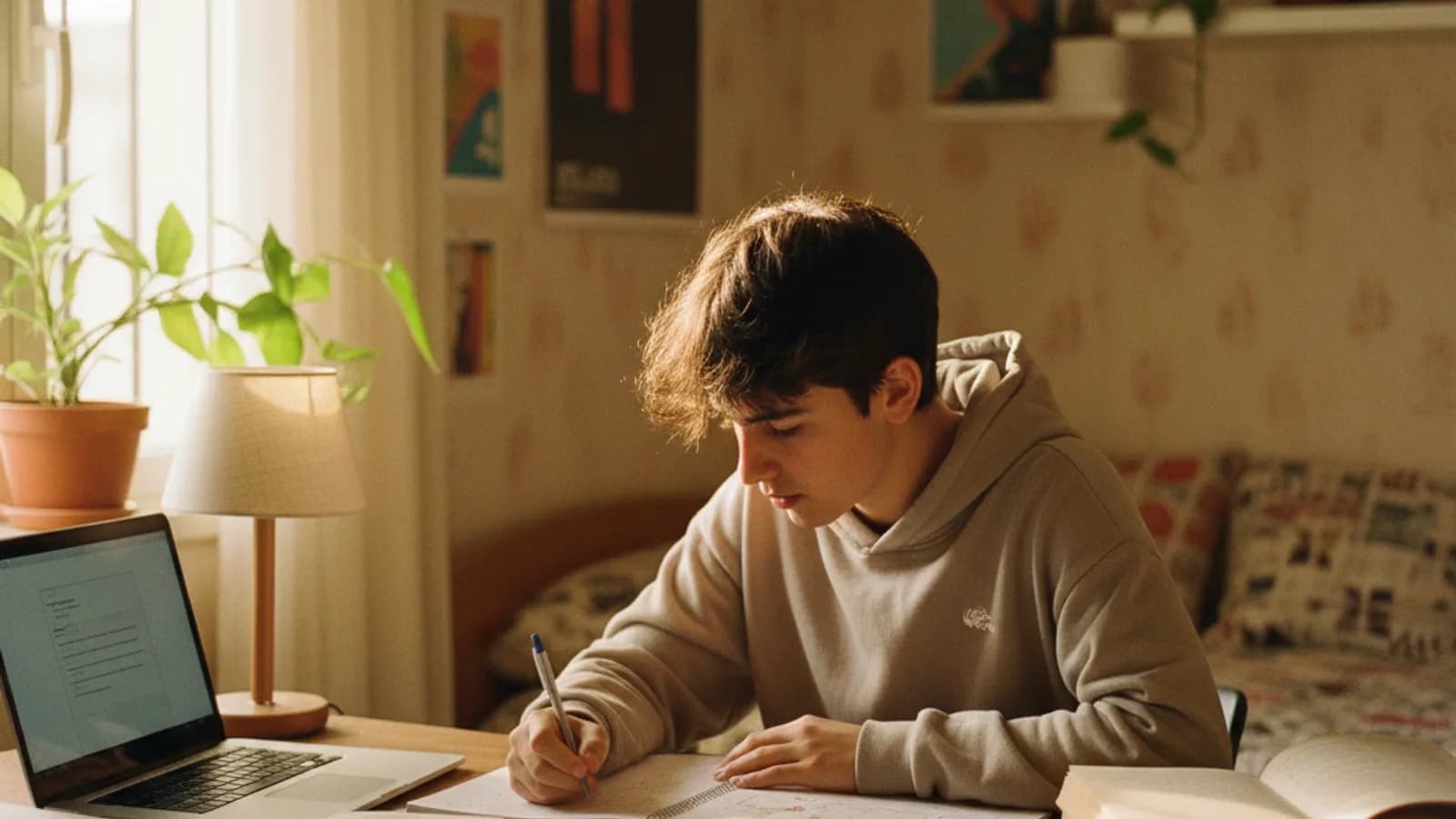 Foto editorial de un adolescente estudiando en su escritorio con luz cálida de lámpara
