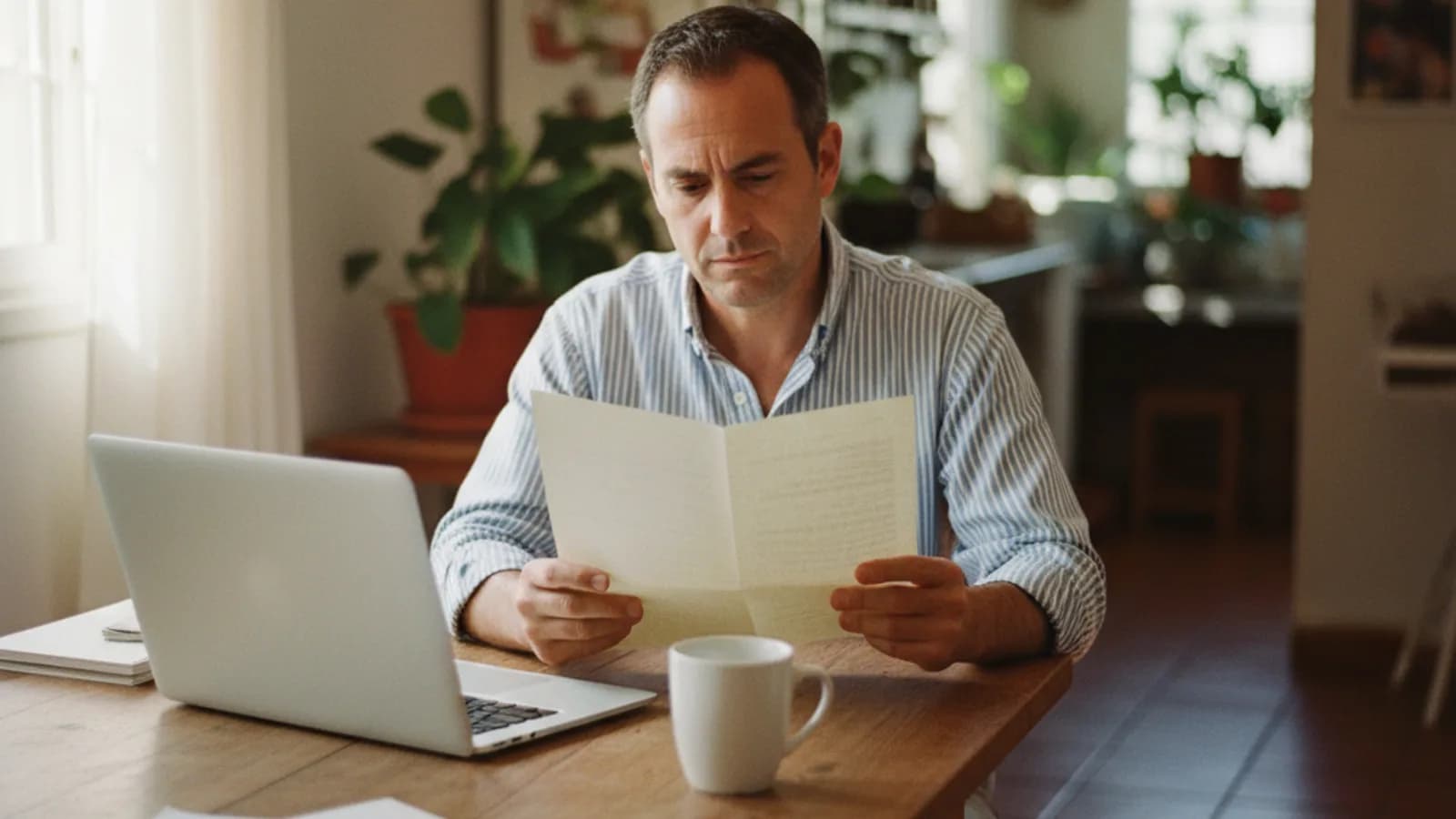 Foto editorial de un hombre revisando un documento sobre la prestación por desempleo en su mesa de cocina