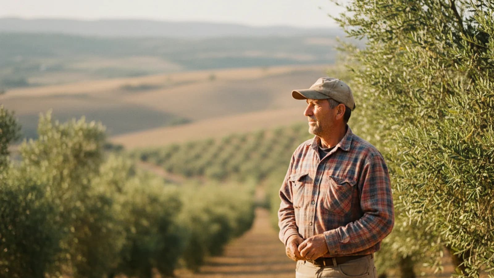 Foto documental de un trabajador agrícola al borde de un olivar andaluz con luz dorada