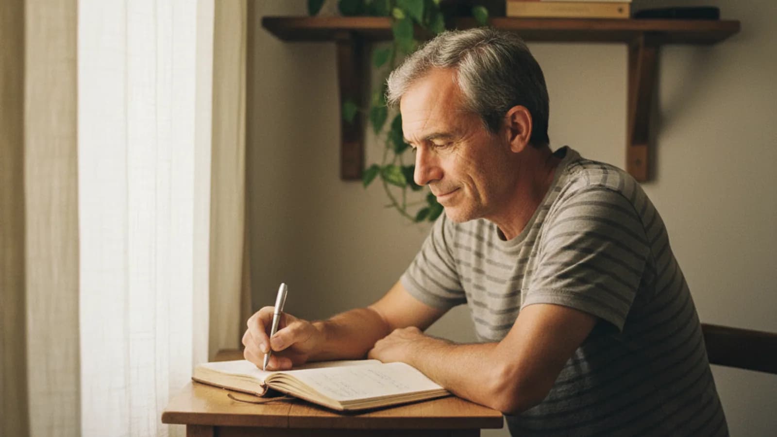 Foto editorial de un hombre concentrado escribiendo en su escritorio con luz de ventana