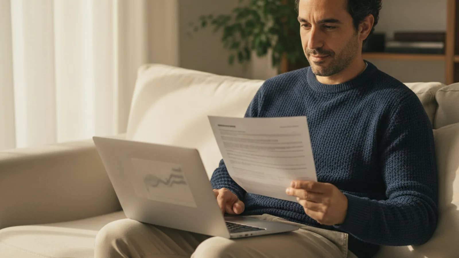 Hombre en casa con el portátil revisando su contrato laboral antes de solicitar el paro