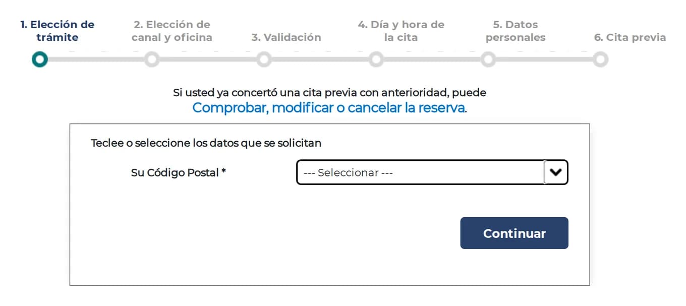 La primera pantalla del formulario oficial: la barra con los seis pasos, el enlace para comprobar o cancelar una cita que ya tienes, y el código postal como único dato. Captura del 10 de septiembre de 2026.